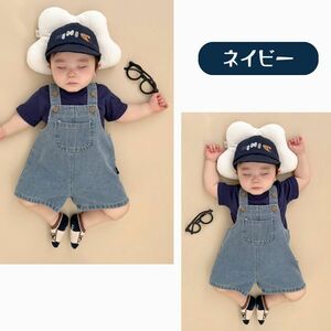 ネイビー 80cm 2点セット オーバーオール 半袖Tシャツ 韓国風子供服 セットアップ 上下セット 男の子 女の子 キッズ 春夏 かわいい 66cm 70