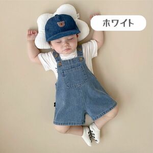 ホワイト 66cm 2点セット オーバーオール 半袖Tシャツ 韓国風子供服 セットアップ 上下セット 男の子 女の子 キッズ 春夏 かわいい 66cm 70