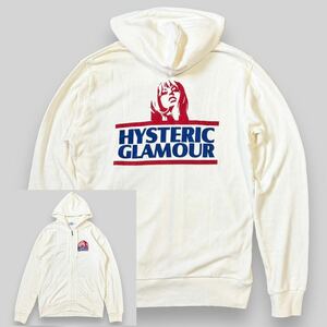 希少！ HYSTERIC GLAMOUR ヒステリックグラマー 両面 ガール プリント リネン混 フルジップ パーカー L 白 ヒスガール Girl フーディ