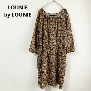 LOUNIE by LOUNIE ルーニィ　ワンピース　ひざ丈　長袖　日本製　シフォン　M 総柄　サラサラ　ブラウン系　春秋