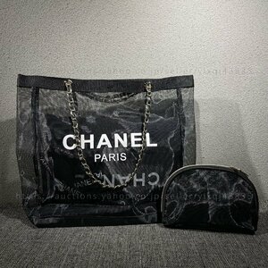 シャネル ノベルティ 非売品 CHANEL VIPギフト トートバッグ メッシュ プールバッグ 半透明 チェーン 大きめ ブランド レディース 黒