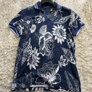 [ ultimate beautiful goods * Etro ][ overflow feeling of luxury ]ETRO top class peiz Lee pattern total pattern polo-shirt deer. . long sleeve cotton navy series Italy made men's L corresponding 
