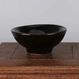 旧家蔵出 古玩 宋吉州窯高温黒釉木の葉柄小茶碗 1378