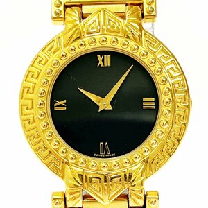 【1円スタート】VERSACE ヴェルサーチ 7008012 GP×革ベルト ブラック文字盤 クオーツ ボーイズ腕時計 ジャンク 269028