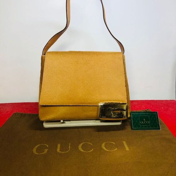 【美品】☆GUCCI グッチ ハラコ×レザー ワンショルダー 肩掛けかばん ブラウン系