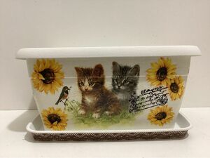リメイク鉢　受け皿付き　プラ鉢　　向日葵と子猫