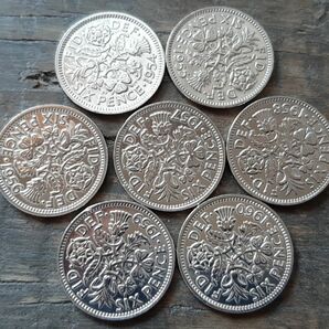英国幸せのシックスペンス イギリス 7枚セットラッキー6ペンス コイン1954~1960本物古銭英国コイン 美品です19.5mm 