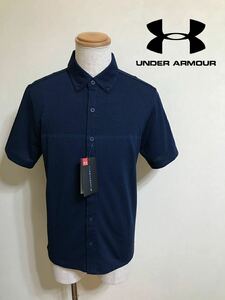 【新品】 UNDER ARMOUR GOLF アンダーアーマー ゴルフ ウェア ヒートギア ドライ ボタンダウン ジャガードシャツ サイズLG 半袖 ネイビー