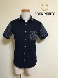 【良品】 FRED PERRY フレッドペリー 切替しドット柄 シャツ ネイビートップス サイズM 半袖 ヒットユニオン F4283