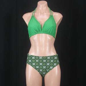 C0538* green green series halter-neck bikini pattern pattern .... lady's L~XL corresponding two piece swimsuit separate sea beach resort costume 