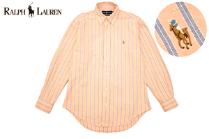 Y-7344★美品★Ralph Lauren ラルフローレン CLASSIC FIT★正規品 サーモン ストライプ ポニーロゴ刺繍 B/D 長袖 オックスフォードシャツ M