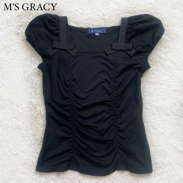 美品　エムズグレイシー　M’S GRACY パフスリーブカットソー　リボン　ギャザー　Tシャツ　半袖　黒