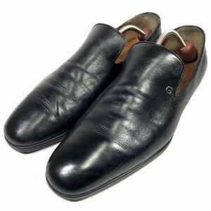 【グッチ】本物 GUCCI 靴 27cm 黒 Gロゴ金具 ローファー スリッポン ビジネスシューズ 本革 レザー 男性用 メンズ イタリア製 8