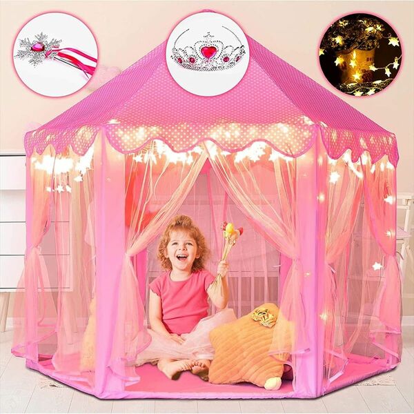 キッズテント 女の子 おもちゃ ハウス 可愛い 子供用 テント ハウス プリンセス 城型 折り畳み式 (ピンク)