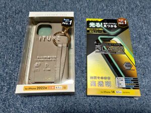 エレコムiPhone14レザーケースショルダーストラップ付グレージュPM-A22APLOSSBE/液晶フィルムPMA22AFLGP