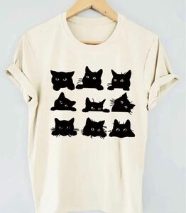 可愛い黒猫ちゃん プリント T シャツ　濃いめアイボリーL