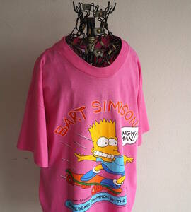 1990s ヴィンテージ USA製 SSI シンプソンズ THE SIMPSONS バート・シンプソン スケボープリント Tシャツ L ピンク オールドスケート 古着
