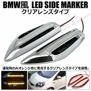 送料0円 LED サイドマーカー クリアレンズ ウィンカー オレンジ メッキ 12V BMW風 左右セット フェンダー 点滅 連動 外装 カスタム 汎用