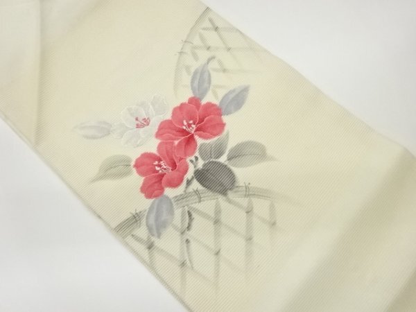 ys6975320; Gauze, hand-painted Koetsu fence with camellia pattern, woven Nagoya obi [wearing], band, Nagoya Obi, Ready-made