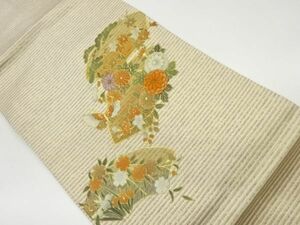 ys6975638; 金彩地紙に蝶・松・草花模様刺繍名古屋帯【着】