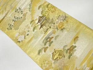 ys6977096; 山並みに寺院・花々模様織出し袋帯【着】