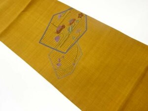 ys6977338; 手織り紬汕頭相良刺繍幾何学に花模様袋帯【着】