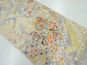 ys6990936; 本金箔24K御所車に鼓・草花模様織出し袋帯（材料）【アンティーク】【着】