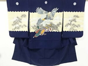 ys6990500; 鷹に松荒波模様刺繍紋付男児着物アンサンブル　袴セット【リサイクル】【着】