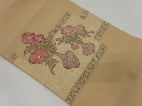 ys6992154; Nagoya obi with hand-painted floral pattern on crepe fabric [recycled] [wearable], band, Nagoya Obi, Ready-made