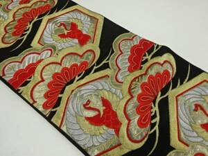 ys6998616; 笠松に亀甲・鶴模様織り出し袋帯（材料）【アンティーク】【着】