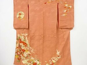 ys7002602; 紋錦紗檜扇に御所車・草花模様刺繍着物【アンティーク】【着】