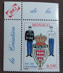 モナコ　2002 警察100周年 1完　ポリス　警官　コスチューム　制服　紋章　未使用糊ありタブ付き