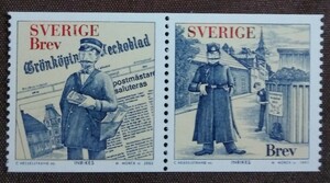 スウェーデン　2002 グロンショーピング ヴェコブラッド100周年 2完連刷　配達人　警察官　イラスト　未使用糊なし