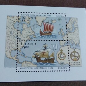 アイスランド 1992 アメリカ発見500年 ヨーロッパ セプト 小型シート コロンブス 帆船 地図 アメリカ大陸 航海 未使用糊ありの画像7
