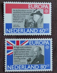 オランダ　1980 ヨーロッパ　セプト　2完 有名人　ウィルヘルミナ女王　チャーチル　旗　未使用糊あり
