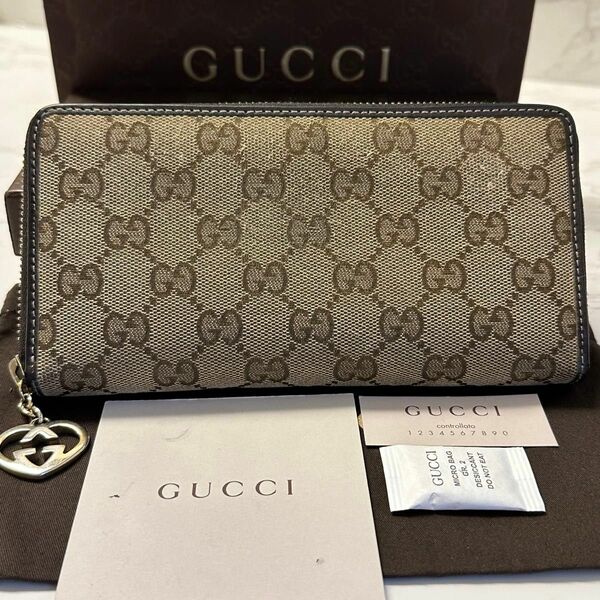 新品同様！ グッチ GUCCI 財布 長財布　GGキャンバス ハート金具 ラウンドファスナー