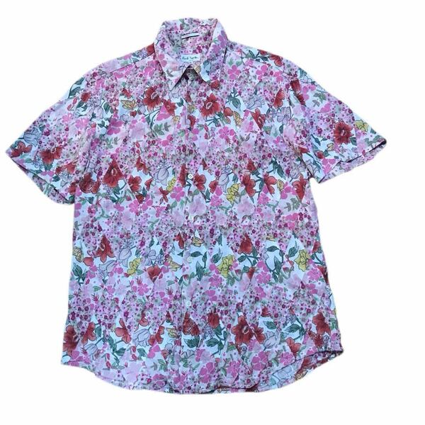 美品 春夏向け 総花柄 花カラー【Paul Smith】ポールスミス 半袖シャツ 日本製 コットン100％ ボタン刻印 サイズXL