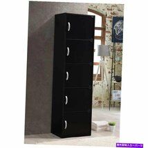 標準の本棚5棚キャビネット付きドア59黒い木材の多目的ストレージStandard Bookcase 5 Shelf Cabinet W/Doors 59 in Black Wood Multipurp_画像2