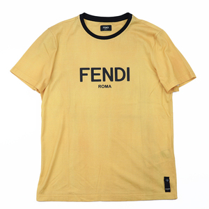【美品】 フェンディ 2020年製 ブランド ロゴ プリント トリム リンガー Tシャツ 半袖 カットソー メンズ L 黄色 黒 イタリア製 FENDI