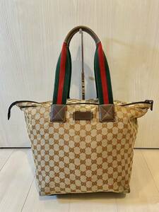 GUCCI トートバッグ　GG柄　キャンバス　シェリーライン　レザー　大容量