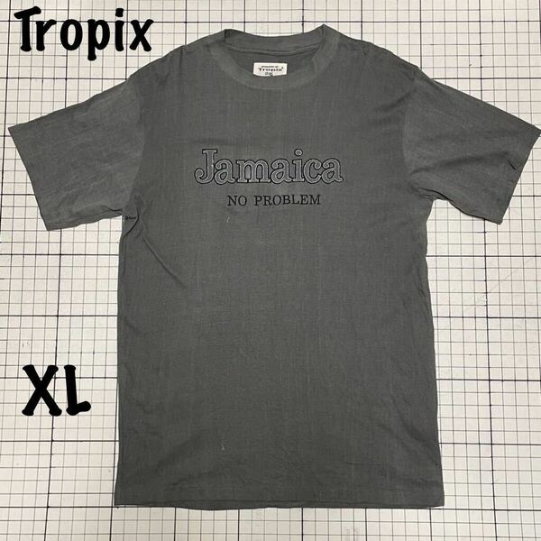 トロピックス【Tropix】刺繍半袖Tシャツ Jamaica 文字 ステッチ 袖カラー切り替え XLサイズ グレー系 コットン100% インド製