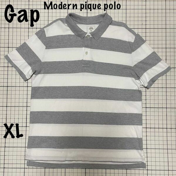 ギャップ【Gap】Modern pique poloピケポロ 半袖ポロシャツ 鹿の子 綿100% LL.XLサイズ グレー×ホワイト/白灰 ボーダー シンプル スリット