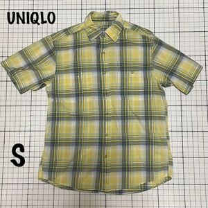 ユニクロ【UNIQLO】半袖ボタンシャツ ポケット Sサイズ イエロー×グレー/黄白緑 チェック 格子335-020249 綿100% ファーストリテイリング