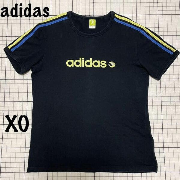 アディダス【adidas】カラフル3本ライン半袖Tシャツ XOサイズ XXLサイズ？ 大きいサイズ ブラック×イエロー×ブルー/黒黄青 綿100%