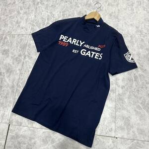 K ☆良品/ 都会のゴルフウェア '日本製' PEARY GATES パーリーゲイツ 半袖 モックネック ロゴプリン Tシャツ 大きいサイズ:6 トップス 古着