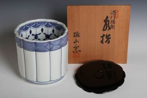 8566 персик гора обжиг в печи белый фарфор с синим рисунком . сторона сосуд для воды для чайной церемонии ( вместе дерево коробка * краска крышка ) сосуд для воды для чайной церемонии вода разница чайная посуда Kyoyaki 