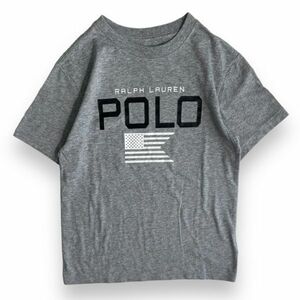 国内正規 POLO RALPH LAUREN ポロ ラルフローレン 刺繍 ロゴ ラバープリント コットン Tシャツ 8 140cm グレー TEE GREY 国旗