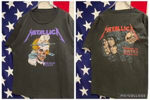 ★90s？★シングルステッチ★METALLICA★メタリカ★DAMAGED JUSTICE★両面プリント★半袖★バンドTシャツ★黒★Mサイズ相当★ヴィンテージ