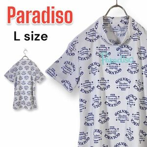 【新品未使用】Paradisoゴルフ レディースシャツ スタンドカラー Lサイズ 総柄 白 ホワイト ブリヂストンスポーツ ゴルフウェア 半袖シャツ