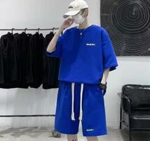 新入荷 夏 カジュアル 半袖シャツ ショートパンツ 韓國ファッション セットアップ 上下セット メンズ お色選択可 ブルー_画像1